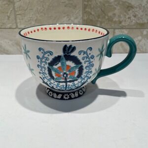 Potter's Studio Ceramic Bohemian Floral Coffee Mug Soup Bowl Teal Blue Orange